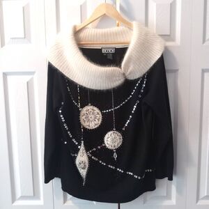 Berek Size 1XL Stunning Black White Christmas Sweater with Angora Collar